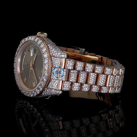 Brown Dial Day Date Moissanite Rose Gold Rapper Style Wrist Watch