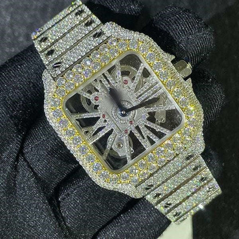 Skeleton Fully Moissanite Bust Down Wrist Watch For Men's