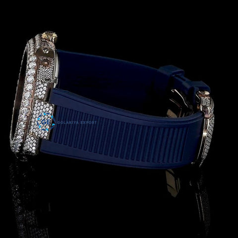 Fabulous Iced Out Blue Rubber Belt Automatic Moissanite Wrist Watch