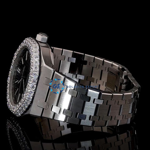 Iced Out Moissanite Stylish Black Dial Stainless Steel Wrist Watch