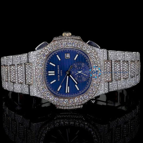 Blue Fully Iced Out Moissanite Hip Hop Stylish Watch For Men's