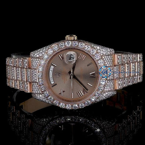 Brown Dial Day Date Moissanite Rose Gold Rapper Style Wrist Watch