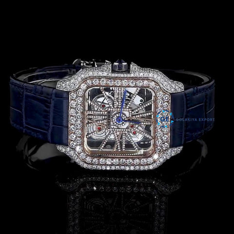 Awesome Blue Leather Belt Diamond Moissanite Watch