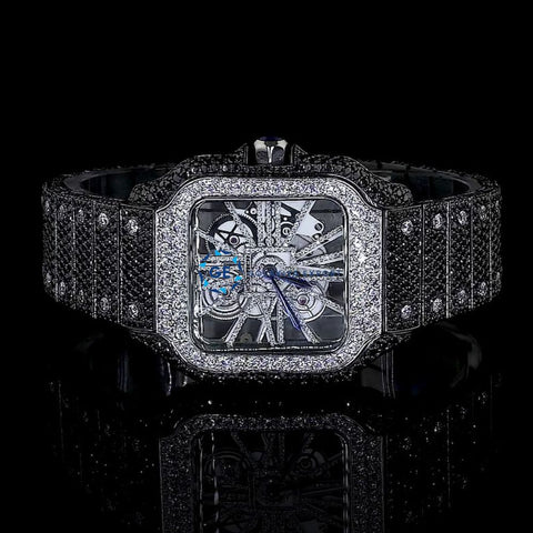 Formal Style Black Moissanite Skeleton Iced Out Watch