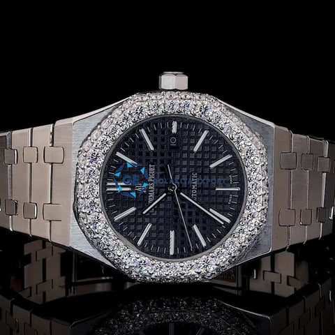 Iced Out Moissanite Stylish Black Dial Stainless Steel Wrist Watch