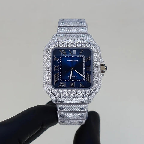 Blue Dial Iced Out Moissanite Automatic Luxury Watch